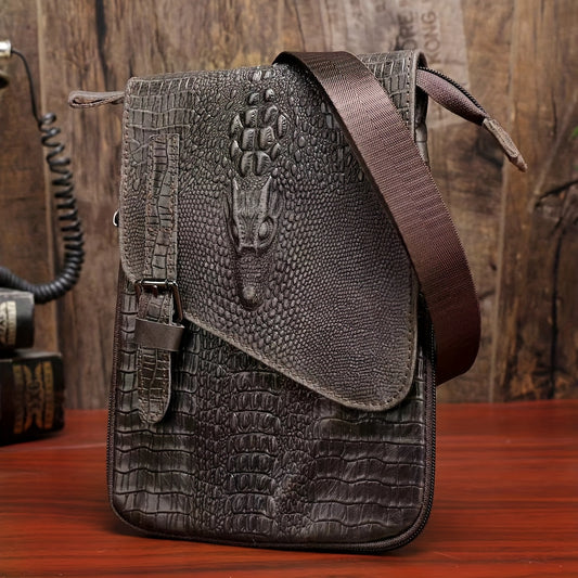 Men's Cowhide Small Shoulder Bag - Casual Crocodile Pattern Sling Bag