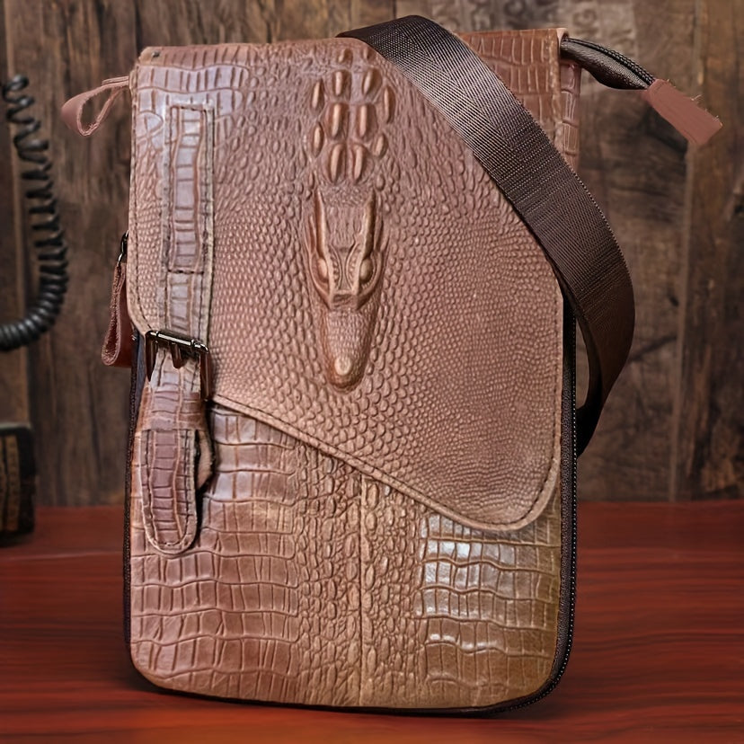 Men's Cowhide Small Shoulder Bag - Casual Crocodile Pattern Sling Bag